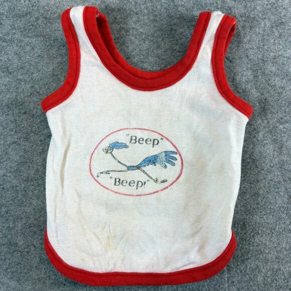 VINTAGE 70s Road Runner Beep Beep Tank Top Infant Baby 3-6M White Looney Tunes - Picture 1 of 6
